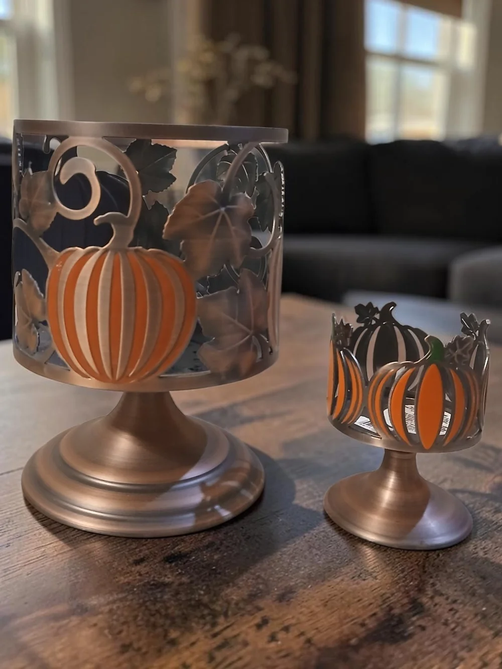 Bath & Body Works Bronze Pumpkin Pedestal Candle Holders with Orange Accents